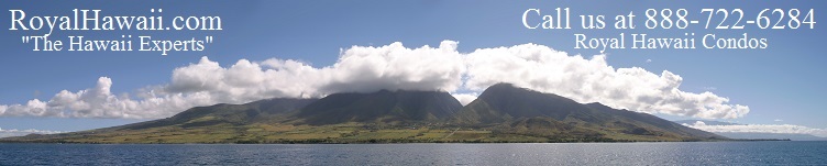 Royal Hawaii Condos,"The Hawaii Experts" Reservations: 888-722-6284. This panoramic photo is of Maui, looking toward Lahaina. Haleakala is the mountain on the right.